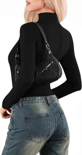 Vista 4 de MANGOPOP Mock Turtleneck V Neck Long Sleeve Bodysuit for Women Cutout Front Body Suit Sexy