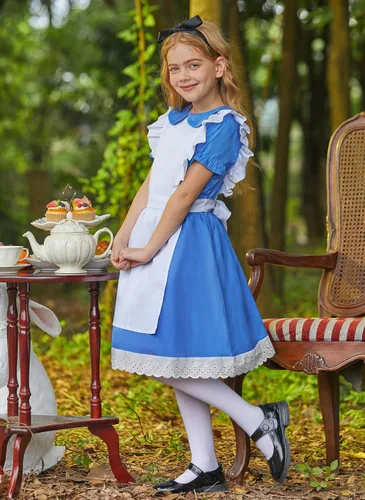 Vista 3 de BesserBay Vestido azul de Halloween con ribete de volantes y lazo en la cintura con delantal blanco de 4 a 12 años