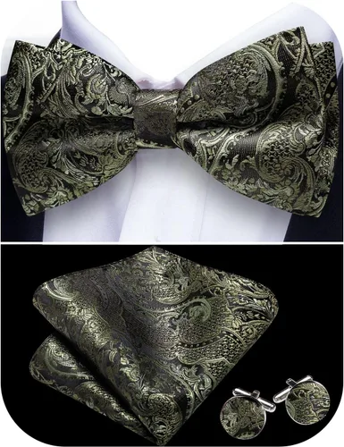 Vista 29 de Barry.Wang Pajarita de Rayas Paisley para Hombre de Seda Preatada Pañuelo de Bolsillo Gemelos Juego Formal Boda Fiesta Graduación