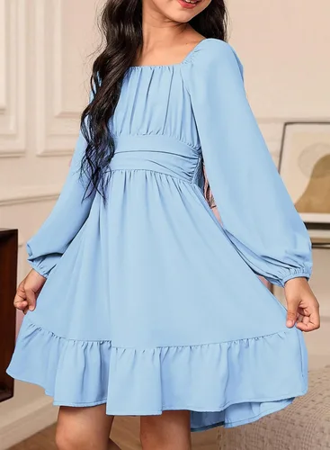 Vista 4 de blibean Vestido de manga larga con lazo en la espalda para niñas, vestido de otoño con hombros descubiertos, talla 6-15 años