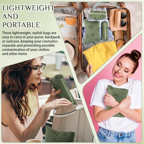 Vista 6 de Huhumy Juego de 3 bolsas de maquillaje para mujeres, bolsa cosmética de pana con sonrisa estética, bolsa de viaje para artículos de tocador, linda