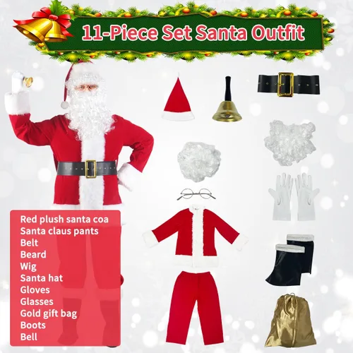 Vista 7 de Aotiooy Disfraz de Papá Noel, 11 piezas, traje de Papá Noel, para adultos, para hombres y mujeres, disfraz de Papá Noel para fiesta de Navidad