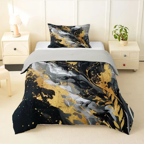 Vista 43 de Feelyou Juego de edredón abstracto para todas las estaciones, juego de ropa de cama negro y azul con 1 funda de almohada con estampado de mármol