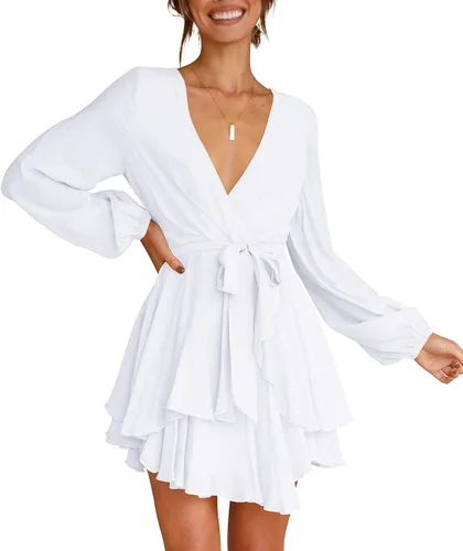 Vista 4 de Cosonsen - Vestido corto de mujer con cuello en V profundo, manga larga, cintura con volados, vestido skater