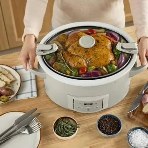 Vista 7 de Olla de cocción lenta programable de 7 cuartos de galón con tapa de bloqueo, cerámica apta para lavavajillas, calentamiento automático, cocina