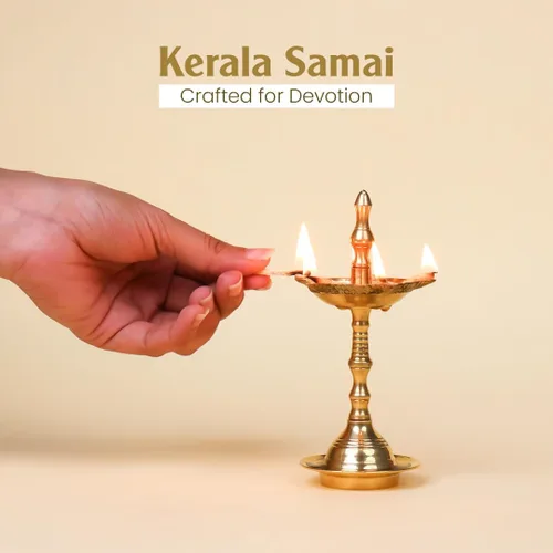 Vista 5 de Shubhkart Kerala Samai de latón de 5 pulgadas – Lámpara de aceite sagrado para puja, aarti, rituales de mandir y adoración diaria Deepam