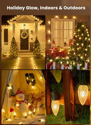 Vista 7 de Tira de luces LED estilo sendero de Navidad para exteriores; tira de 20 luces LED C9 con carcasa de fresa y estaca, interconectables, luz cálida