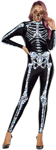 Vista 11 de Sister Amy Disfraz de esqueleto de Halloween para mujer, overol de cosplay