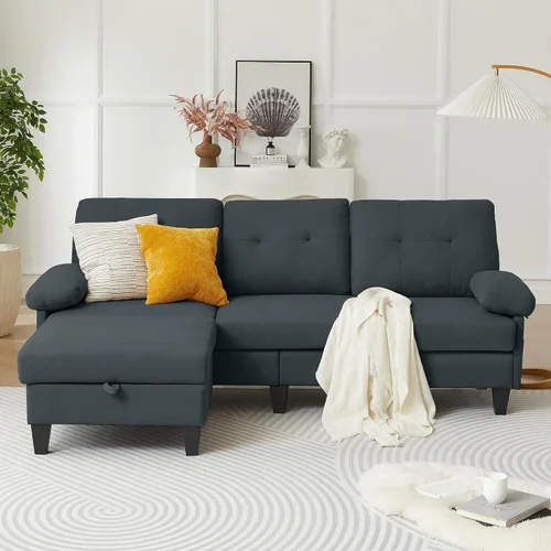 Vista 7 de Sofá modular convertible de 84 pulgadas, moderno sofá pequeño en forma de L de tela de lino con diván reversible, sofá de 3 asientos para sala
