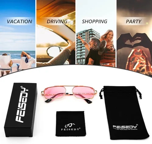 Vista 6 de FEISEDY Gafas de sol para mujer y hombre, Steampunk, marco de metal rectangular pequeño, lentes de sol tintados retro B2930