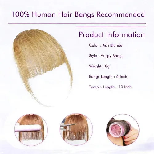 Vista 4 de 100% Real Human Hair Extensions Wispy 18# Hair Clip on bangs for women Fringe with Temples Hairpieces Faux Bangs for Daily Wear