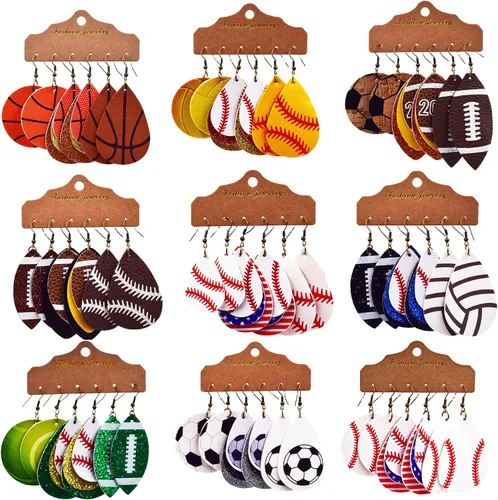 Vista 2 de Caiyao Juego de 3 pares de aretes de estilo deportivo, aretes de cuero con lentejuelas brillantes, rugby baloncesto, béisbol, fútbol, animadoras