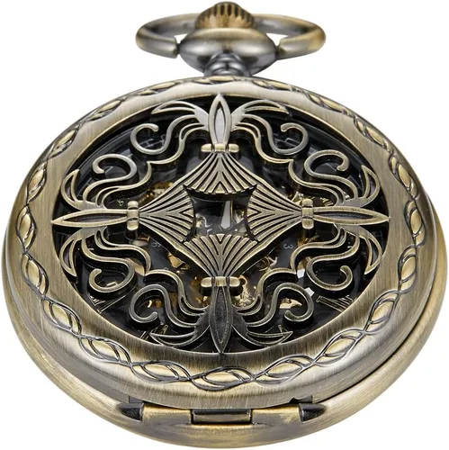 Vista 13 de Bronze Retro Mechanical Pocket Watch Skeleton Roman Numerals Hollow Mechanical Pocket Watches with Box M100