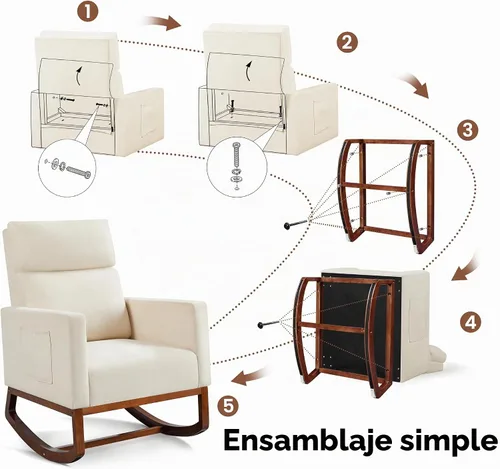 Vista 7 de Yaheetech Mecedora, moderna silla deslizante, sillón reclinable con patas de madera y bolsillo lateral, silla mecedora para guardería con respaldo