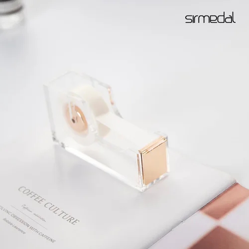 Vista 2 de Dispensador de cinta de calidad dorada acrílica ultra transparente contemporánea, dispensador de cinta acrílica dorada con una sola mano