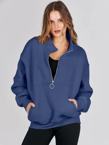 Vista 6 de ANRABESS Sudaderas de forro polar con media cremallera para mujer, de gran tamaño, con cremallera de un cuarto, ropa de otoño 2024, ropa de moda