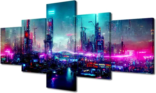 Vista 234 de Cuadros de 5 paneles de Cyberpunk City, arte de pared, representación de vallas publicitarias, edificios modernos en la capital con obras de arte