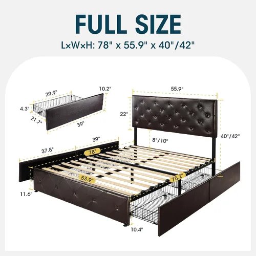 Vista 49 de WEEWAY Base de cama de plataforma tamaño King con 4 cajones de almacenamiento, cabecera capitonada con botones de costura de diamante, base de Negro