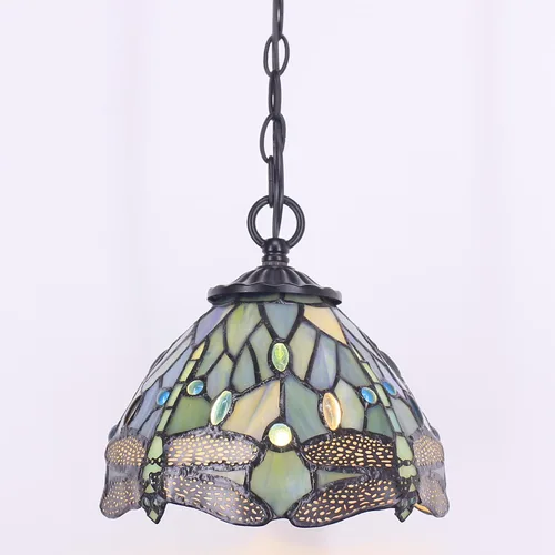 Vista 4 de Lámpara Colgante Pequeña Tiffany de Vidrio Emplomado con Enchufe, Lámpara Colgante de 8 Pulgadas de Altura Ajustable, Accesorio de Araña Colgante