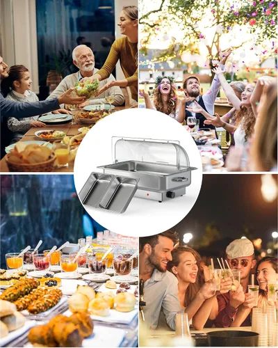 Vista 5 de 9QT - Juego de platos eléctricos para catering con control de temperatura, servidores y calentadores de bufé de acero inoxidable con tapa enrollable