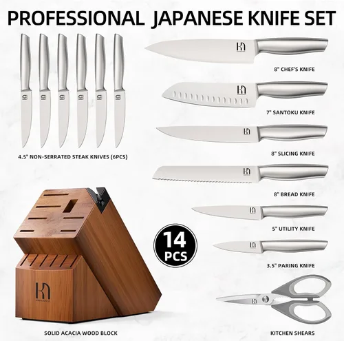 Vista 6 de Juego de 14 piezas de cuchillos de cocina KnifeSaga de acero inoxidable de alto carbono japonés de primera calidad con afilador incorporado, juego
