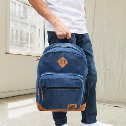 Vista 4 de Lee Class - Mochila de pana para niños y niñas, Authentic Jeans Company Study Daypack con funda acolchada para laptop que se adapta a cuadernos