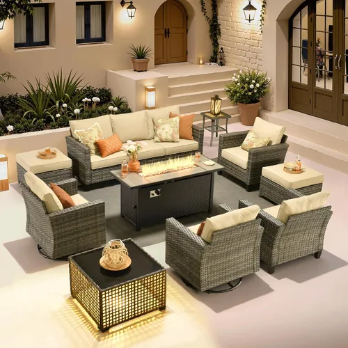 Vista 35 de ovios Juego de muebles de patio de 4 piezas con sofá de exterior, luces solares, mesa, cojines cómodos, sofá de conversación de mimbre de ratán