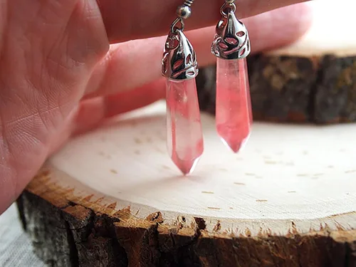 Vista 9 de Aretes de cuarzo rosa, piedra rosa natural, plata, gota y colgante, cristal real colgante, joyería hecha a mano, hipoalergénica, piedra de amor