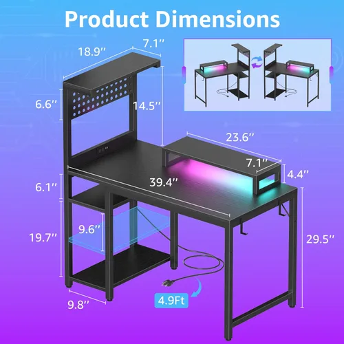 Vista 3 de Escritorio pequeño para juegos de 40 pulgadas con estantes de tablero de clavijas, escritorios para computadora con luces LED, tomas de corriente