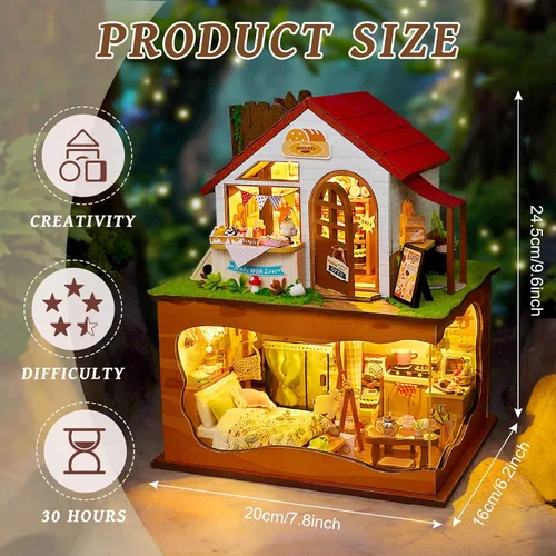 Vista 2 de Kit de casa en miniatura, kits de casa de muñecas con luces y cubierta antipolvo, kit de manualidades creativo con panadería de dos pisos y sótano