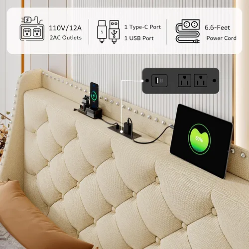 Vista 4 de iPormis Marco de cama matrimonial con respaldo cómodo de 16 pulgadas y estación de carga, cama plataforma tapizada con cabecera de almacenamiento