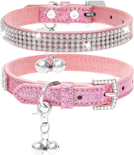 Vista 8 de PUPTECK Collar básico ajustable para gato con diamantes brillantes y campanas dobles, para gatitos y cachorros pequeños, collares de diamantes