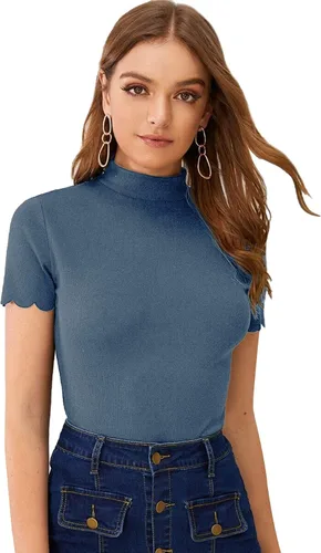 Vista 11 de SweatyRocks - Camiseta de manga corta con cuello alto, canalé y bordes envoltorio para mujer Beige