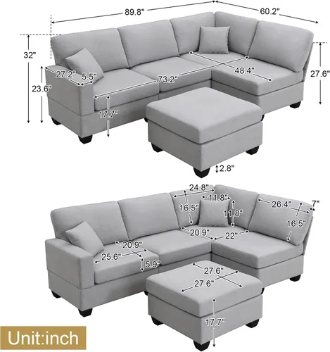Vista 110 de Quarte Sofá seccional en forma de U, sofá modular con dos asientos individuales, dos sillas, combinación de bricolaje, tela de hilo en bucle Beige/5