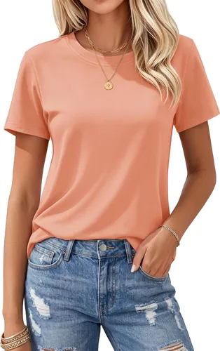 Vista 19 de MAGCOMSEN Camisetas de algodón para mujer de manga corta con cuello redondo, camisetas de ajuste clásico y transpirables de verano a1-Negro