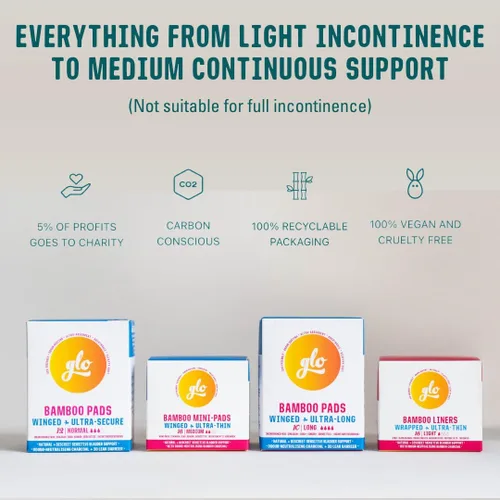 Vista 5 de glo - Almohadillas ligeras de bambú orgánico para incontinencia para vejigas y períodos sensibles, protección superior contra fugas y comodidad