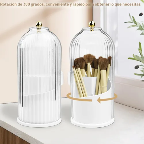 Vista 7 de Organizador de brochas de maquillaje con tapa transparente con apertura deslizante giratoria de 360 grados a prueba de polvo para tocador, 1 unidad