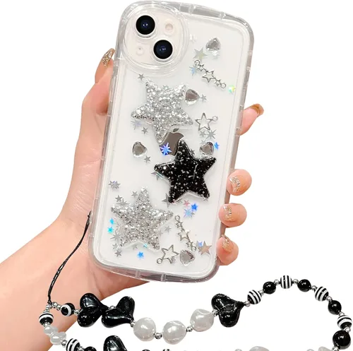 Vista 19 de Compatible con iPhone 11 Pro Funda Transparente Bonita con Diseño de Estrella con Purpurina en 3D con Perlas y Pulsera de Perlas, Diseño de Cadena