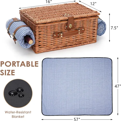 Vista 7 de Cestas de picnic para 2, cesta de picnic con manta impermeable, juego de cestas de picnic con alfombra de playa lavable y compartimento grande