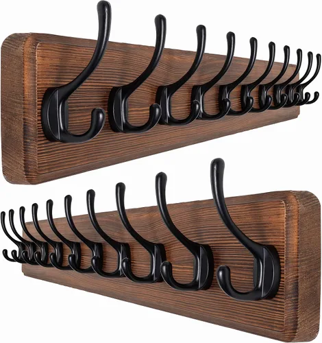 Vista 8 de SKOLOO Perchero rústico montado en la pared, perchero de madera maciza de pino, 5 ganchos para colgar ropa, batas, toallas, abrigos