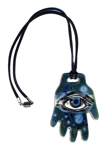Vista 2 de All Seeing Eye Ceramic Hand Pendant Necklace In Green and Blue