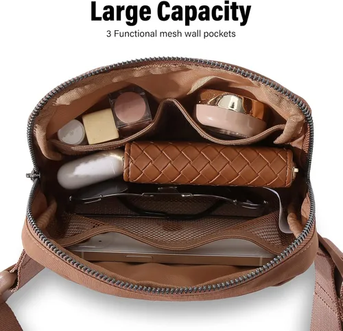 Vista 4 de Riñonera cruzada para mujeres y hombres, bolsas para cinturón en todas partes con correa ajustable, mini cangureras unisex a la moda, Marrón, A