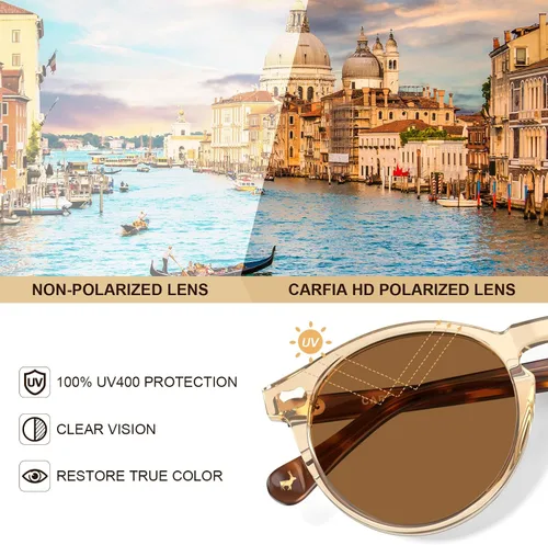 Vista 4 de CARFIA Gafas de sol polarizadas de acetato redondo para mujer, protección UV de cara pequeña con funda de cuero CA5288