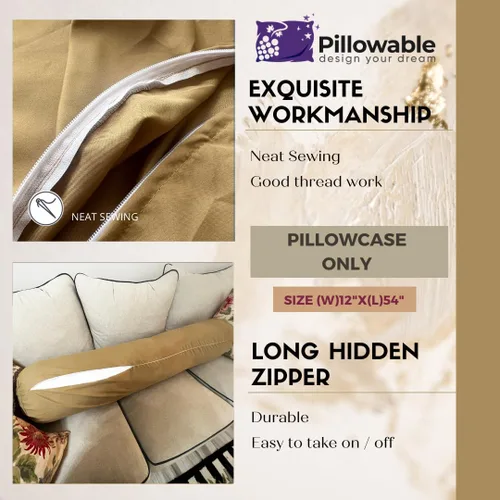 Vista 4 de Solo funda - Funda de almohada redonda beige de 54 x 12 pulgadas - Solo funda - Funda de almohada con cremallera - 100% microfibra cepillada - Funda