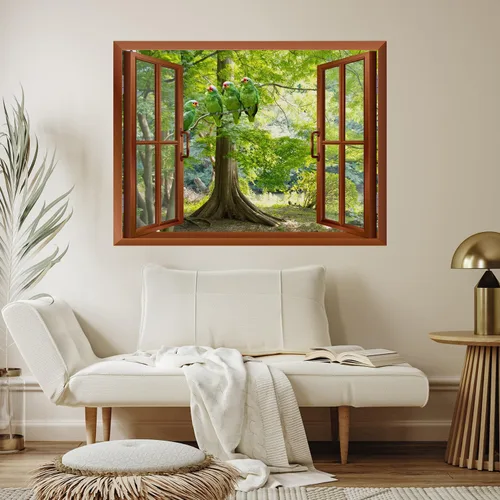 Vista 4 de wall26 Adhesivo decorativo para pared, loros verdes sentados en la rama afuera, ventana abierta, no se pega ni se pega, papel tapiz no tejido