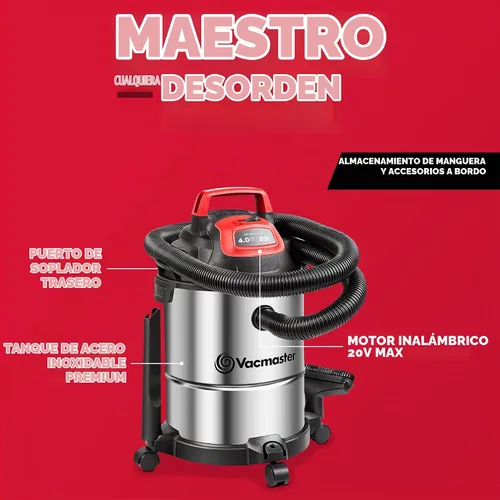 Vista 8 de Vacmaster DVOM204S 1101 4-Gal 20V Inalámbrico Acero Inoxidable Aspiradora Seca Roja