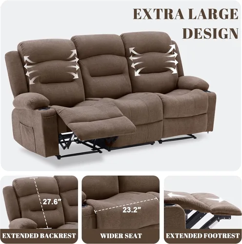 Vista 7 de Sofá reclinable extra grande con masaje y calor, sofá reclinable RV grande de 3 plazas para sala de estar, sofá reclinable pegado a la pared