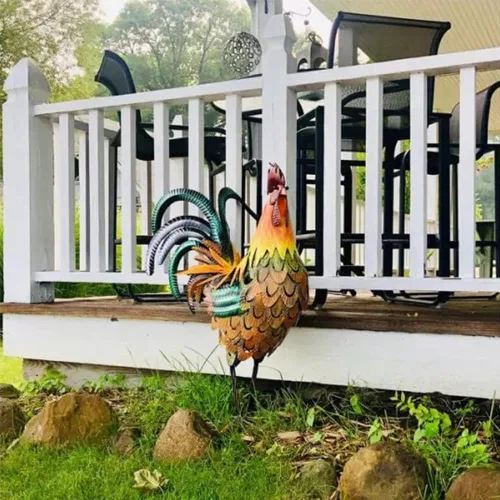Vista 3 de Estatua de gallo para decoración de jardín de 18 pulgadas de metal de pollo para patio, magnífico y orgulloso gallo de hierro para decoración