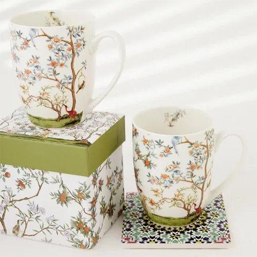 Vista 2 de ALYC Juego de Tazas de Café de Porcelana Fina – Diseño de Taza de Té con Pájaro y Flores de Rama – Paquete de 2 Tazas de Té de Porcelana con Caja