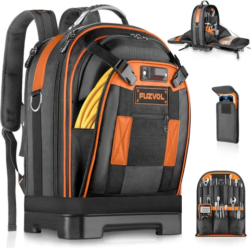 Vista 11 de Mochila de herramientas con compartimento para portátil, bolsa de herramientas completamente abierta, bolsas de herramientas HVAC, mochila